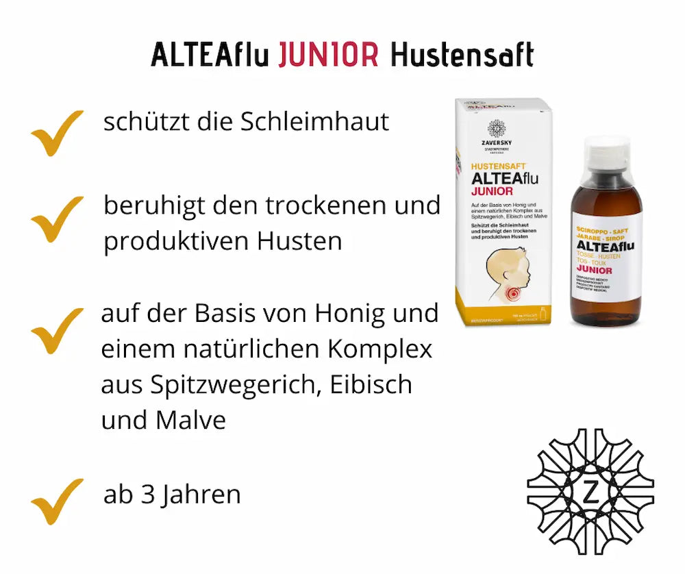 ALTEAflu Junior Hustensaft in brauner Flasche mit Faltschachtel, schützt die Schleimhaut, beruhigt Husten, ab 3 Jahren