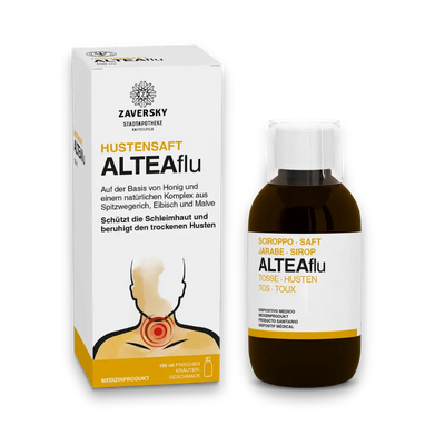  Hustensaft ALTEAflu von Zaversky, weiße Faltschachtel und braune Flasche mit weißem Verschluss, 150 ml Medizinprodukt
