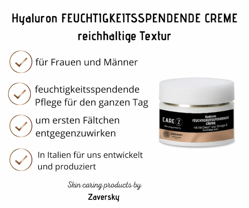 CARE Z Hyaluron Feuchtigkeitsspendende Creme, reichhaltige Textur, mit Häkchen-Punkten zu Anwendung und Herkunft, Cremetiegel weiß-beige rechts.