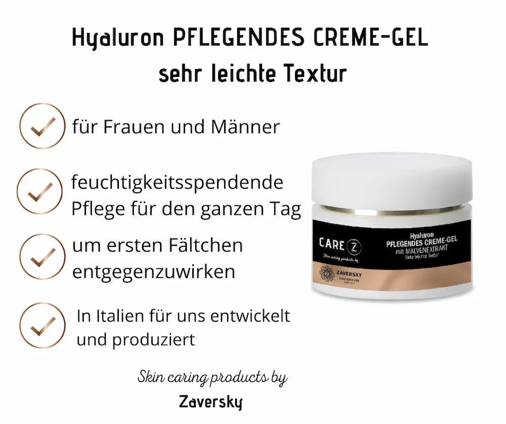 CARE Z Hyaluron Pflegendes Creme-Gel mit Malvenextrakt, sehr leichte Textur, mit Infografik zu Vorteilen und Anwendung dargestellt.