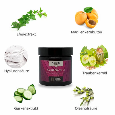 Nature Z Hyaluron Creme im Tiegel mit schwarzem Deckel, umgeben von Zutatenbildern: Efeuextrakt, Marillenkernbutter, Traubenkernöl, Oleanolsäure, Gurken- und Hyaluronsäure-Symbol.