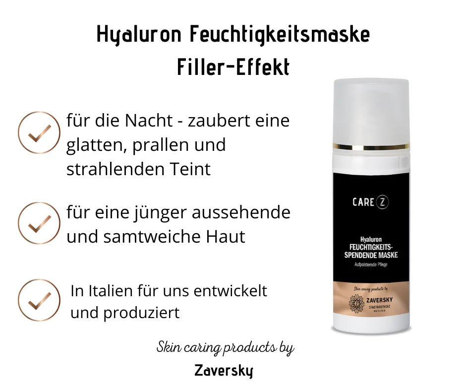 CareZ Hyaluron Feuchtigkeitsspendende Maske von Zaversky in schwarz-weißer Pumpflasche mit Produktmerkmalen und Filler-Effekt