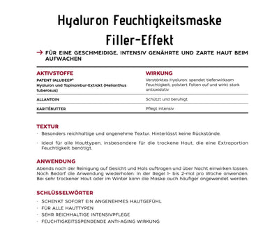 Infografik zur Hyaluron Feuchtigkeitsmaske mit Filler-Effekt, Übersicht zu Aktivstoffen, Wirkung, Textur und Anwendung.