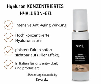 CARE Z Hyaluron Konzentriertes Hyaluron-Gel mit Infografik zu Anti-Aging-Wirkung, Hyaluronsäure-Konzentration und Herkunft aus Italien.