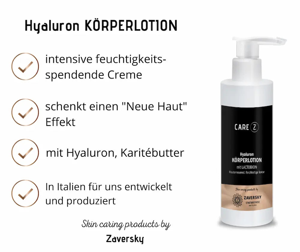 Infografik zur CARE Z Hyaluron Körperlotion mit Pumpspender, Produktvorteilen in vier Checklisten-Punkten und Markenlogo Zaversky.