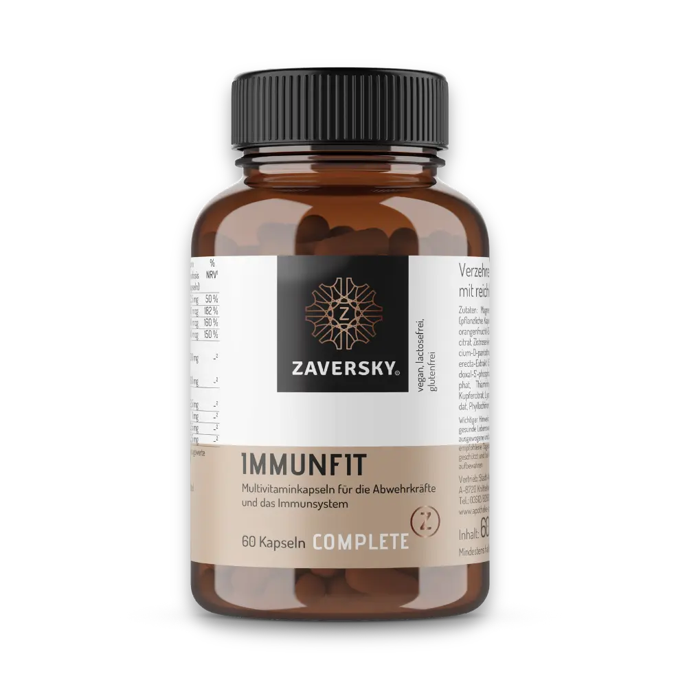 Zaversky ImmunFit Multivitaminkapseln, 60 Kapseln, braune Dose mit schwarzem Deckel, vegan, laktose- und glutenfrei.