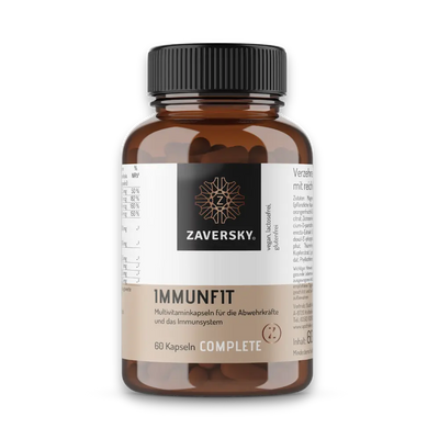 Zaversky ImmunFit Multivitaminkapseln, 60 Kapseln, braune Dose mit schwarzem Deckel, vegan, laktose- und glutenfrei.