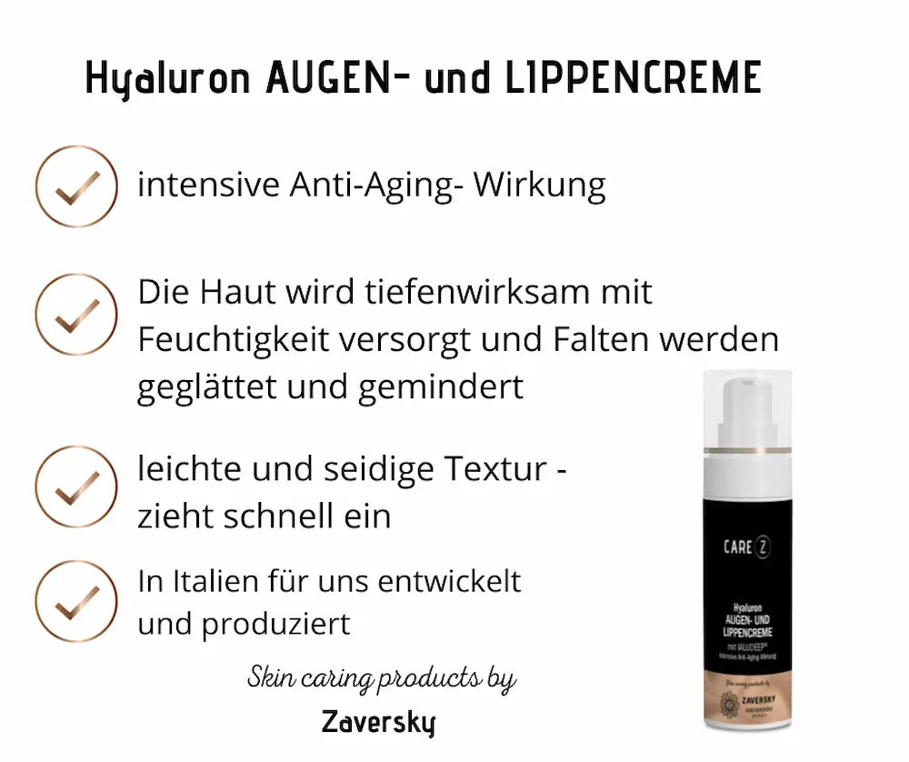 Infografik zur CARE Z Hyaluron Augen- und Lippencreme mit Vorteilen wie Feuchtigkeitsversorgung, seidiger Textur und Produktabbildung der schwarz-weißen Pumpflasche.