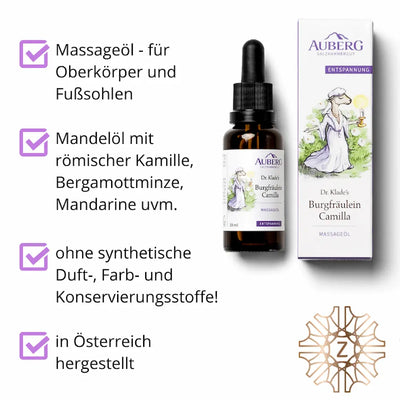 Infografik zum AUBERG Massageöl Burgfräulein Camilla mit Flasche, Verpackung und vier Vorteilspunkten zu Anwendung und Inhaltsstoffen.