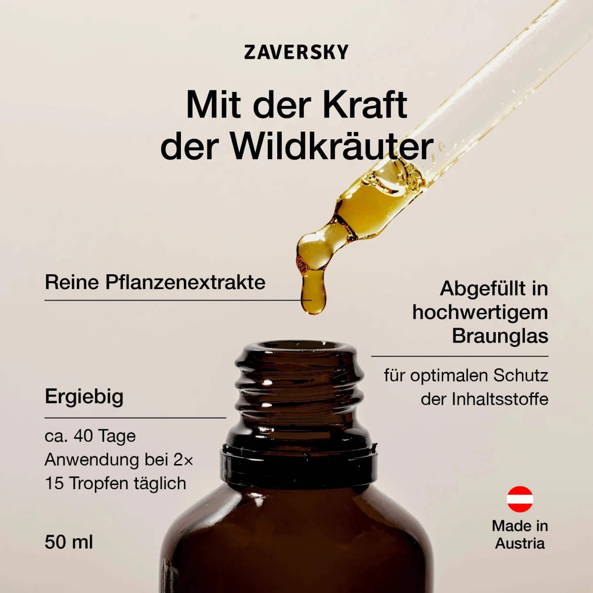 Zaversky Infografik mit Pipette über Braunglasflasche, goldener Tropfen, Hinweise zu Pflanzenextrakten, Ergiebigkeit und 50 ml, Made in Austria
