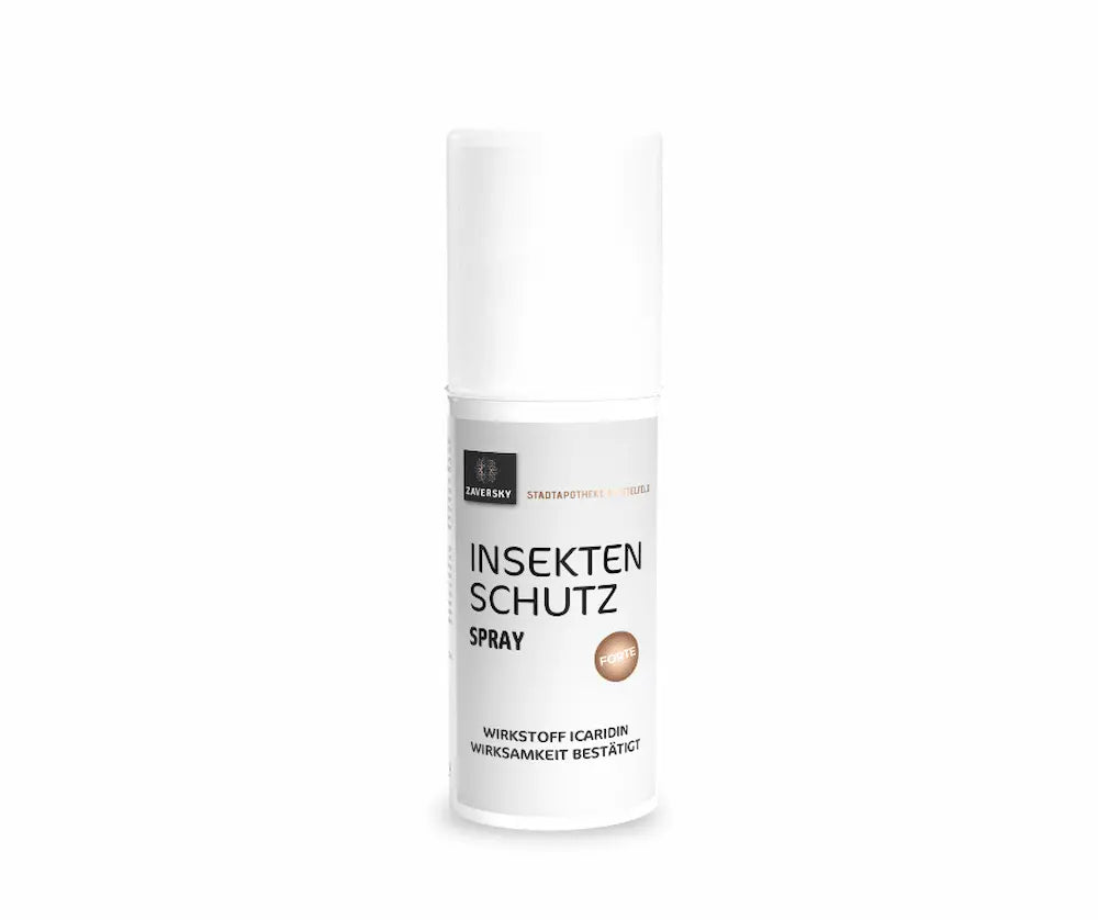 Zaversky Insektenschutz Spray Forte mit Wirkstoff Icaridin in weißer Sprühflasche, Vorderansicht der Stadtapotheke Knittelfeld