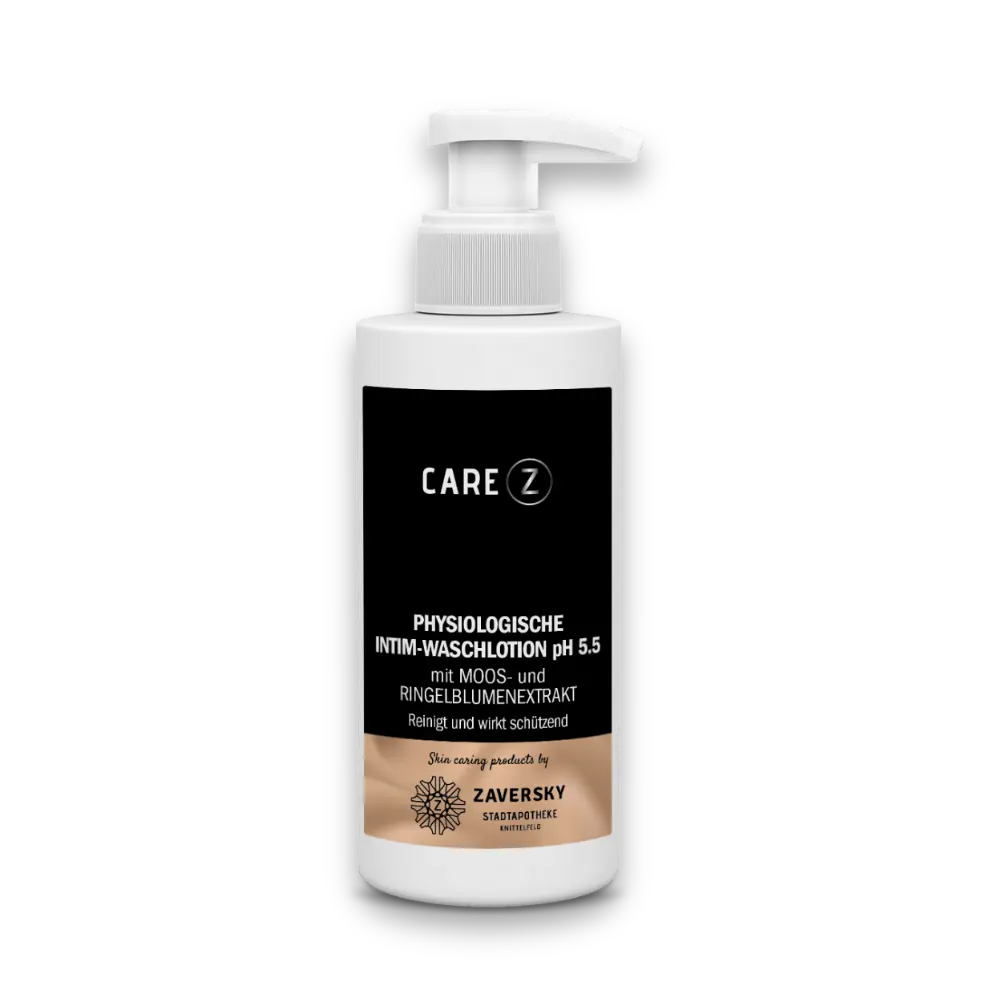 CARE Z Physiologische Intim-Waschlotion pH 5.5 mit Moos- und Ringelblumenextrakt in weißer Pumpflasche mit schwarzem Etikett