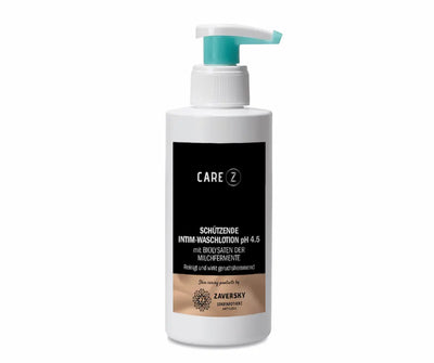 CARE Z Schützende Intim-Waschlotion pH 4.5 in weißer Pumpflasche mit schwarzem Etikett, mit Biolysaten der Milchfermente