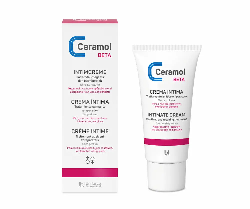 Ceramol BETA Intimcreme, weiße Tube mit pinkfarbenem Verschluss neben weißer Faltschachtel mit blauem Logo und pinkem Rand