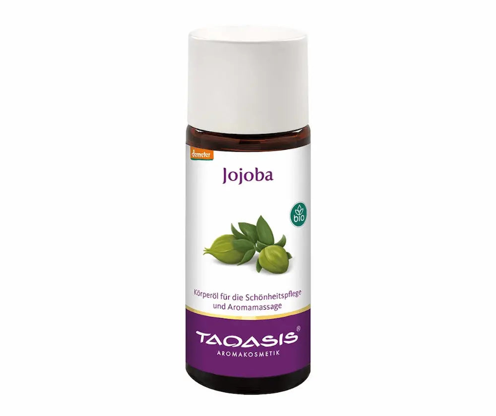 Taoasis Jojoba Bio-Körperöl in brauner Glasflasche mit weißer Kappe und lila Etikett, für Schönheitspflege und Aromamassage