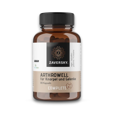 Zaversky Arthrowell Complete Z, braune Kapseldose mit 90 Kapseln für Knorpel und Gelenke, schwarz-beiges Etikett.