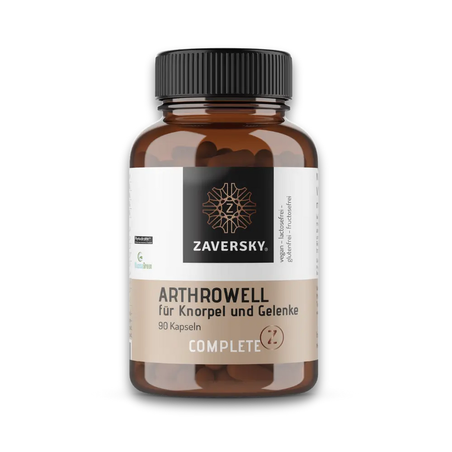 Zaversky Arthrowell Complete Z, braune Kapseldose mit 90 Kapseln für Knorpel und Gelenke, schwarz-beiges Etikett.