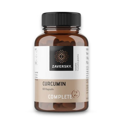 Zaversky Complete Z Curcumin, 60 Kapseln, braune Dose mit schwarzem Deckel und beige-schwarzem Etikett.