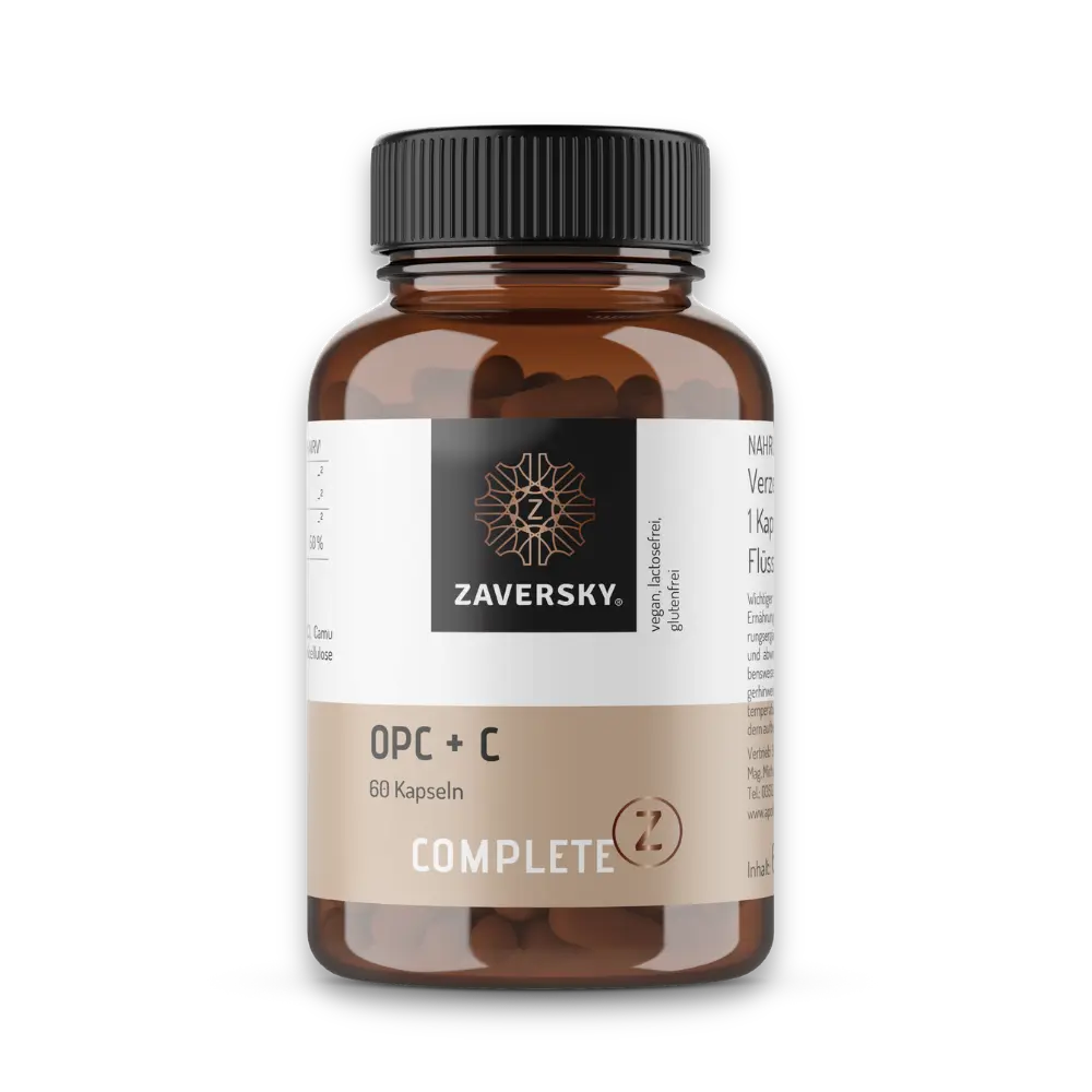 Braune Kapseldose Zaversky OPC + C, 60 Kapseln, Complete Z, mit Etikett „vegan, lactosefrei, glutenfrei“.