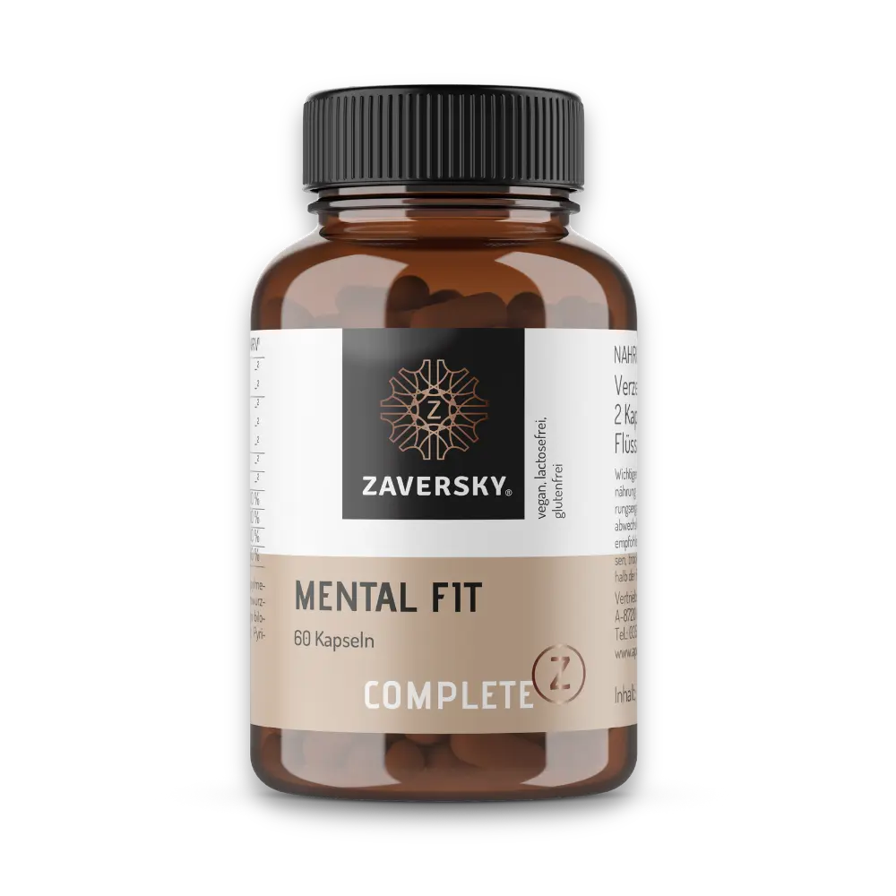 Braunglasdose Zaversky Complete Z Mental Fit, 60 Kapseln, mit schwarzem Verschluss und beige-cremefarbenem Etikett.