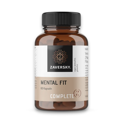 Braunglasdose Zaversky Complete Z Mental Fit, 60 Kapseln, mit schwarzem Verschluss und beige-cremefarbenem Etikett.