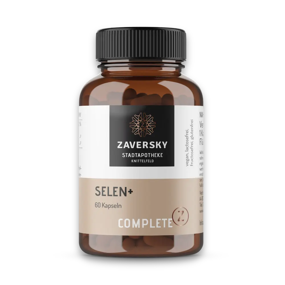 Complete Z Selen+ von Zaversky, braune Kapseldose mit schwarzem Deckel, 60 Kapseln, vegan, laktose- und glutenfrei.