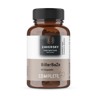 Zaversky BitterBaZe Complete Z, 90 Kapseln in braunem Glasbehälter mit schwarzem Schraubverschluss, lactosefrei, vegan, fructosefrei, glutenfrei