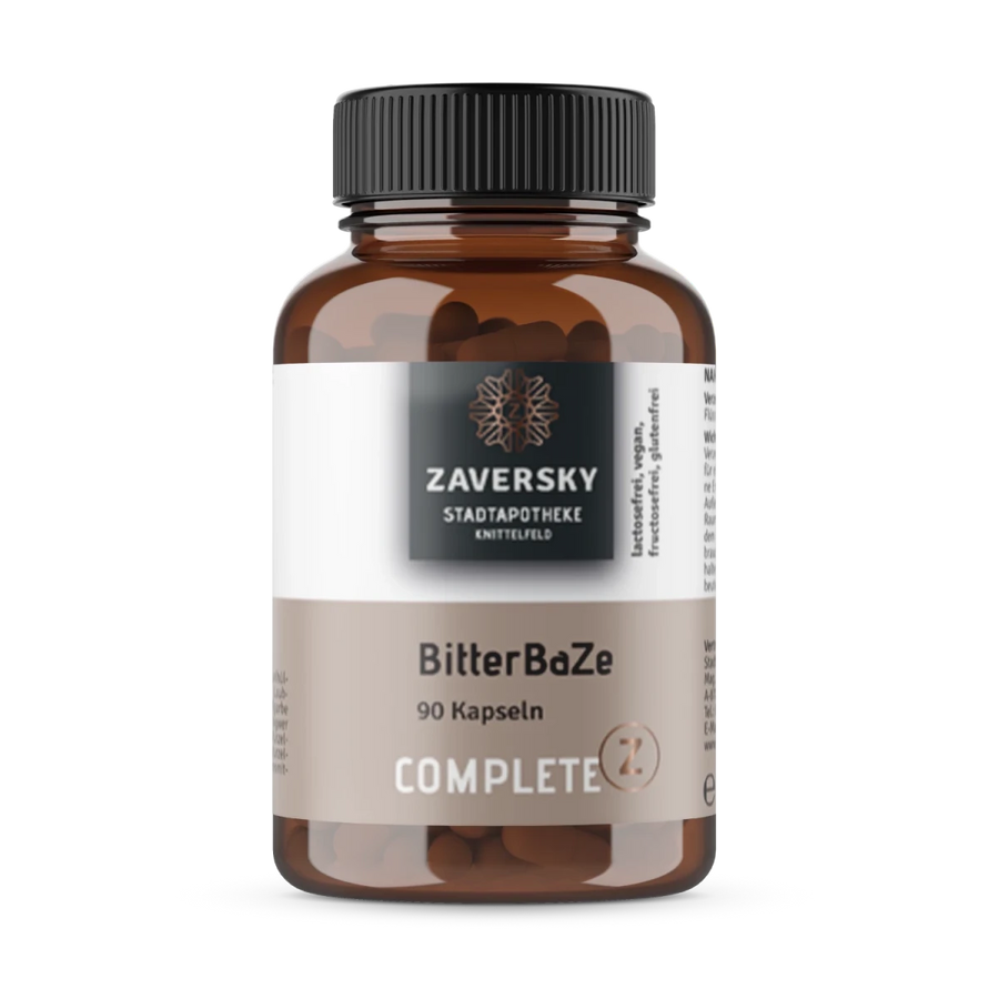 Zaversky BitterBaZe Complete Z, 90 Kapseln in braunem Glasbehälter mit schwarzem Schraubverschluss, lactosefrei, vegan, fructosefrei, glutenfrei