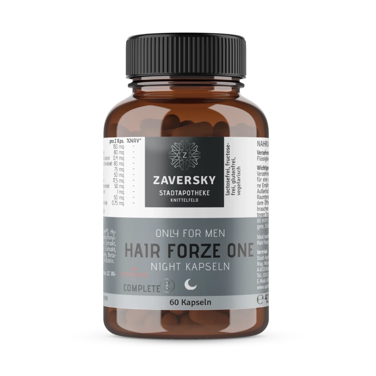 Braunglas-Dose Zaversky Hair Forze One Night Kapseln, Only for Men, 60 Kapseln, schwarzer Schraubverschluss, Vorderansicht