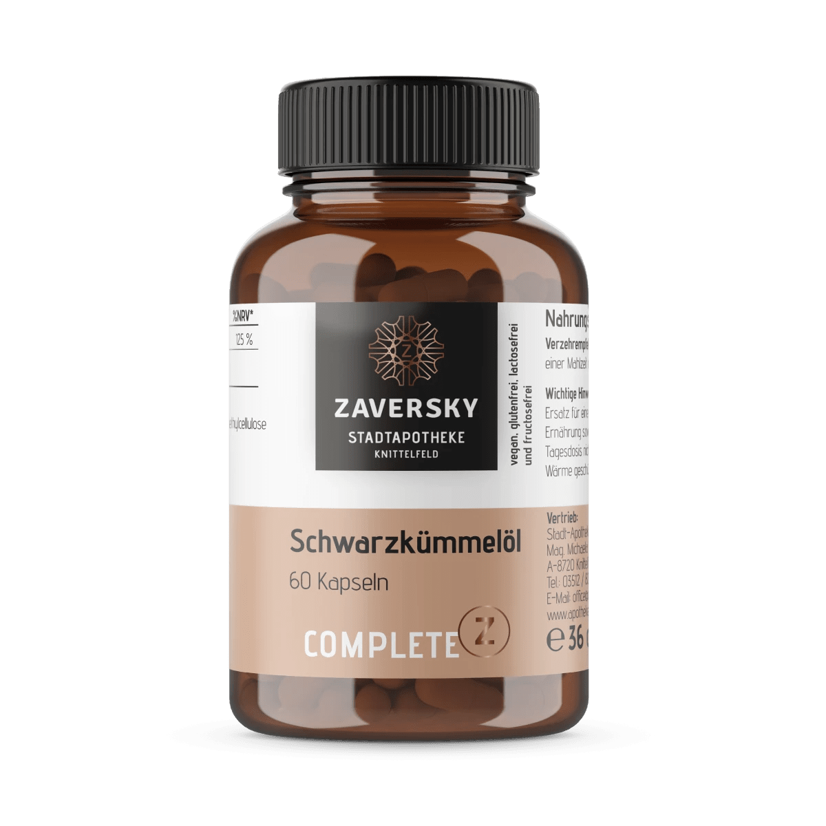 Braunglasflasche Zaversky Stadtapotheke Schwarzkümmelöl mit 60 Kapseln, schwarzem Schraubdeckel und Etikett, Vorderansicht.