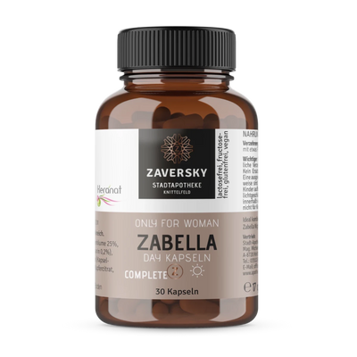 Zaversky Zabella Day Kapseln Only for Woman in brauner Glasflasche mit schwarzem Deckel, 30 Kapseln, lactose- und glutenfrei