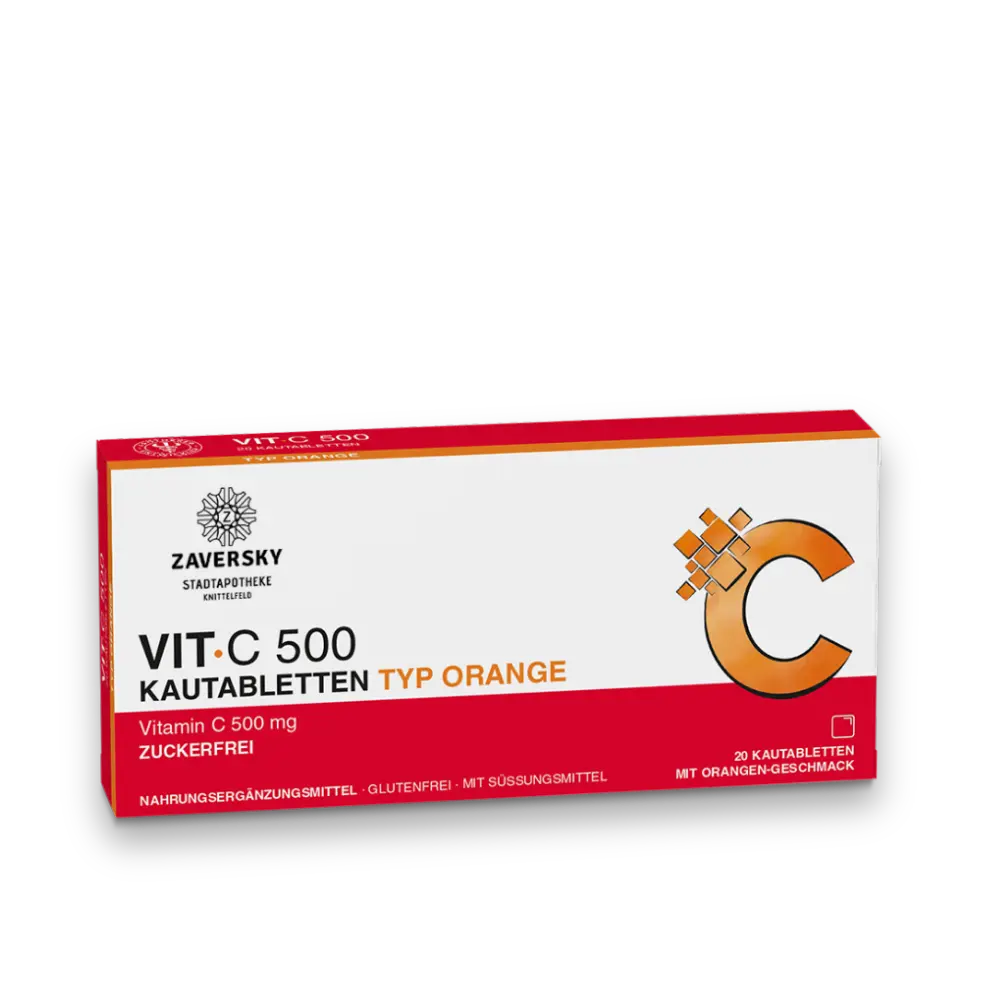 Verpackung von Zaversky VIT.C 500 Kautabletten Typ Orange, 20 Kautabletten mit Orangen-Geschmack, zuckerfrei, rot-weißes Design mit großem C.