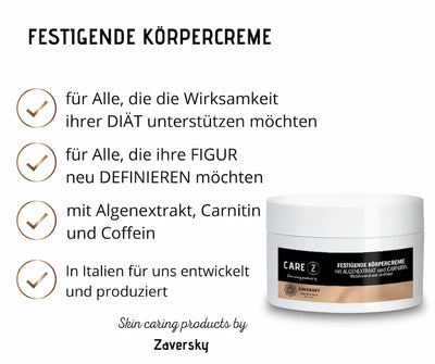 CARE Z Festigende Körpercreme mit Algenextrakt und Carnitin, Tiegel in Weiß mit Deckel, daneben Infografik mit Wirkungsvorteilen.