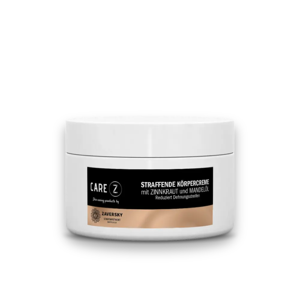 CARE Z Straffende Körpercreme mit Zinnkraut und Mandelöl von Zaversky, weiße Dose mit schwarz-beigem Etikett.