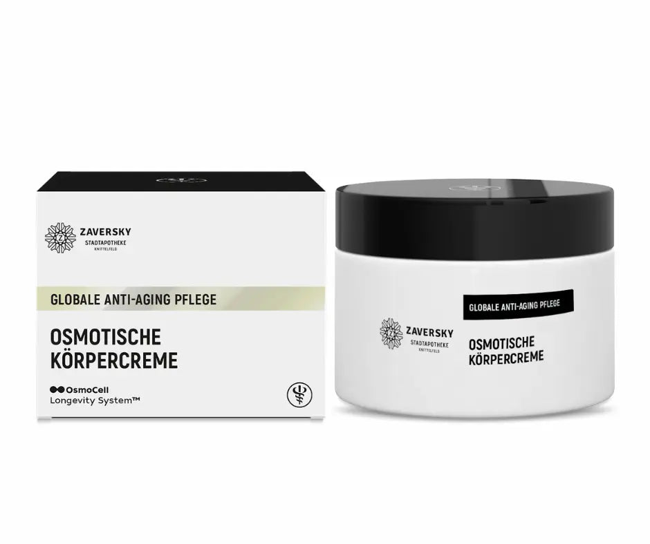 Zaversky Osmotische Körpercreme im weißen Tiegel mit schwarzem Deckel und passender Verpackung, globale Anti-Aging Pflege