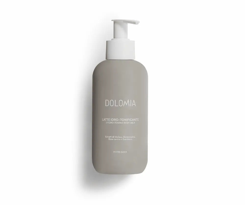 Dolomia Latte Idro-Tonificante Körpermilch in grauer Flasche mit weißem Pumpspender, Phyto Body, Vorderansicht