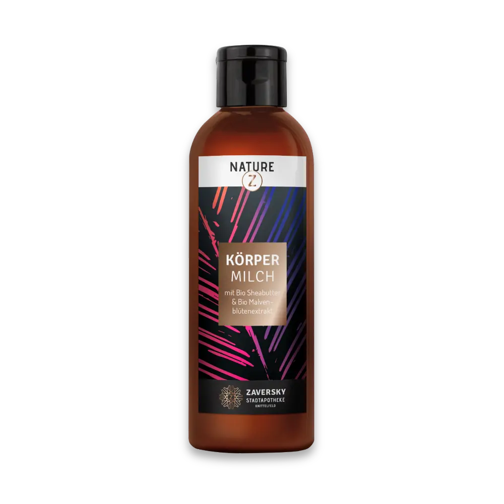 NATURE Z Körpermilch mit Bio Sheabutter & Bio Malvenblütenextrakt in brauner Flasche mit schwarzem Deckel, Zaversky Stadtapotheke