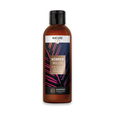 NATURE Z Körpermilch mit Bio Sheabutter & Bio Malvenblütenextrakt in brauner Flasche mit schwarzem Deckel, Zaversky Stadtapotheke