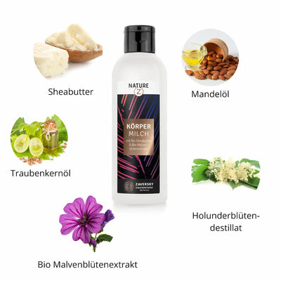 Nature Z Körpermilch mit Bio Sheabutter und Bio Malvenblütenextrakt, weiße Flasche mit Inhaltsstoffen Sheabutter, Mandelöl, Traubenkernöl, Malvenblüten und Holunderblütendestillat