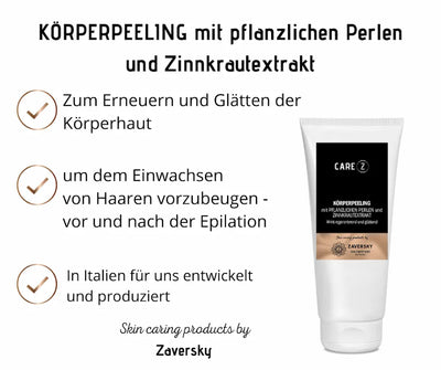 CARE Z Körperpeeling mit pflanzlichen Perlen und Zinnkrautextrakt, Tube mit Vorteils-Checkliste zum Erneuern und Glätten der Körperhaut