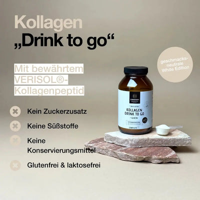 Zaversky Kollagen Drink to go White Edition mit Glycin im Braunglas, geschmacksneutral, mit Dosierlöffel auf Steinplatten