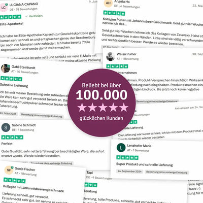 Collage aus Fünf-Sterne-Kundenbewertungen mit rundem Störer „Beliebt bei über 100.000 glücklichen Kunden“ in Bordeaux