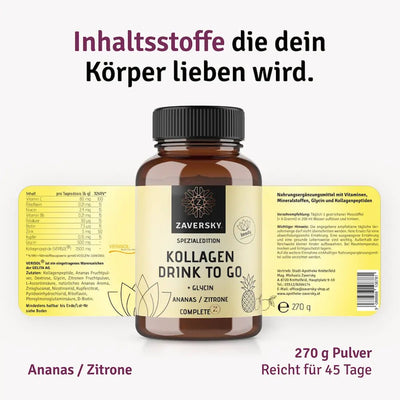 Zaversky Kollagen Drink to Go Spezialedition Ananas Zitrone mit Glycin, 270 g Pulver für 45 Tage, mit Etikett und Inhaltsstoffen