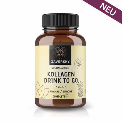 Zaversky Kollagen Drink to Go Spezialedition mit Glycin, Geschmack Ananas und Zitrone, in brauner Glasdose mit schwarzem Schraubdeckel
