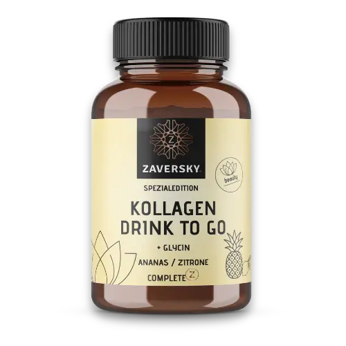 Zaversky Kollagen Drink to Go Spezialedition mit Glycin, Geschmack Ananas und Zitrone, in brauner Glasdose mit schwarzem Schraubdeckel