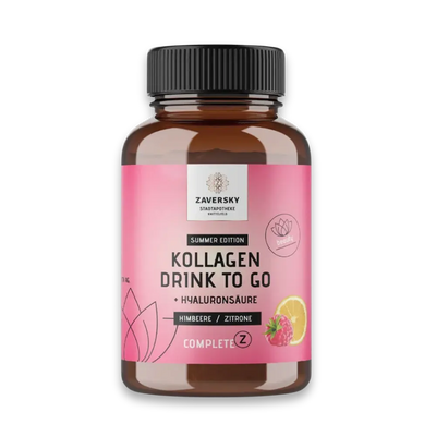 Braune Dose Kollagen Drink to Go Summer Edition mit Hyaluronsäure, Geschmack Himbeere/Zitrone, Zaversky Stadtapotheke Knittelfeld
