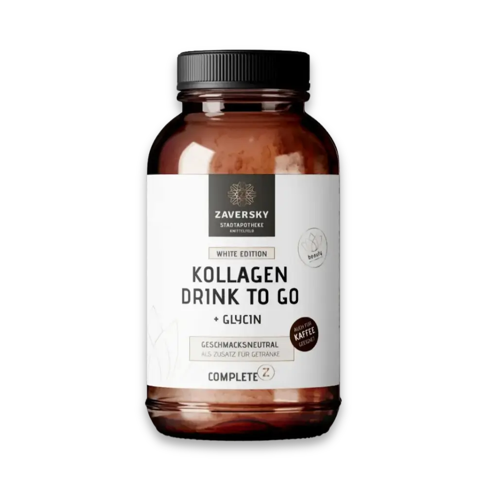 Braunglas-Dose Zaversky Kollagen Drink to Go White Edition mit Glycin, geschmacksneutral, auch für Kaffee geeignet, Vorderansicht
