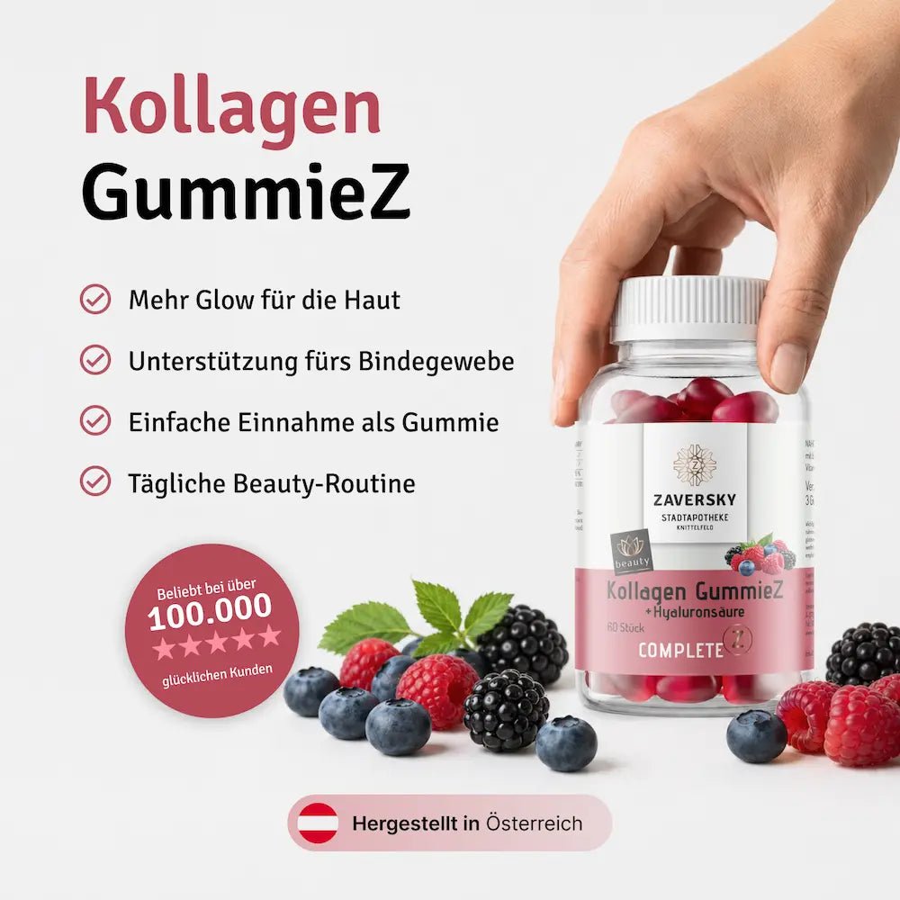 Hand hält Dose Zaversky Kollagen GummieZ mit Hyaluronsäure, rote Gummies, Beeren, Vorteile und Hinweis Hergestellt in Österreich