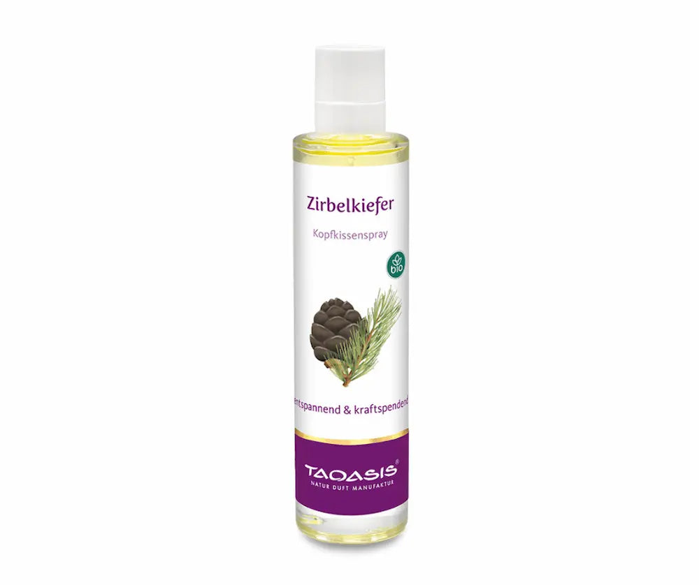 Taoasis Zirbelkiefer Kopfkissenspray in transparenter Sprühflasche mit weißem Sprühkopf, Bio-Siegel und Zirbenzapfen-Motiv, entspannend & kraftspendend