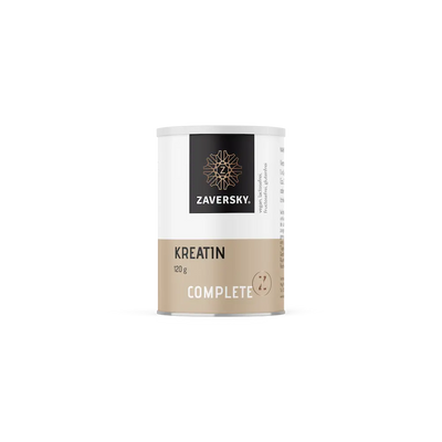 Zaversky Kreatin Complete in beige-weißer Dose, 120 g, mit Hinweisen vegan, lactosefrei, fructosefrei und glutenfrei.